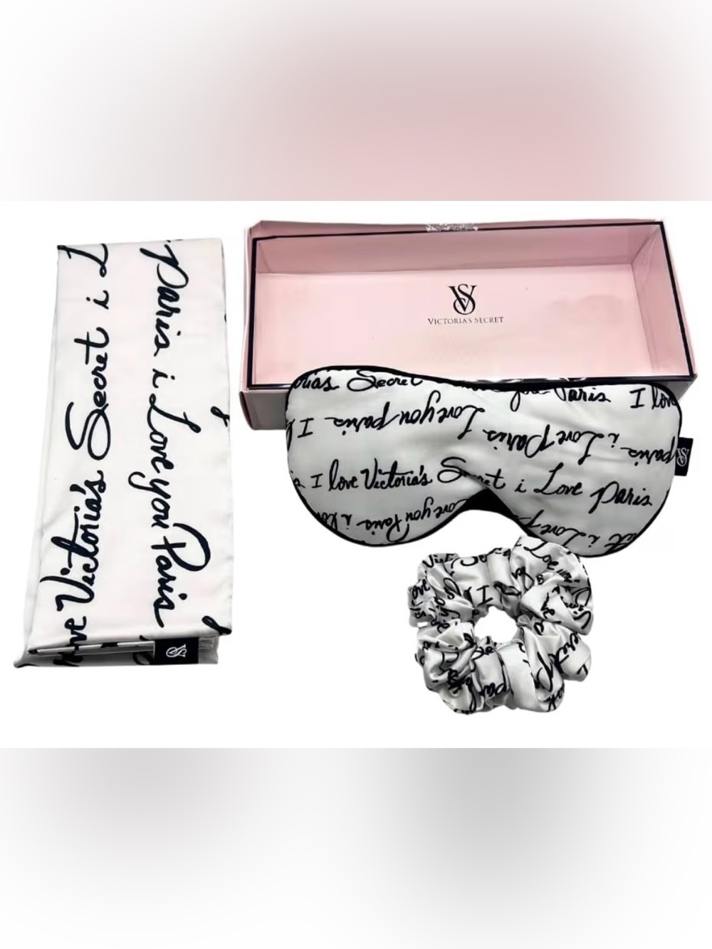 Victoria's Secret White Satin Script 3 pc Pillow case,Sleep Mask & Scrunchie Set